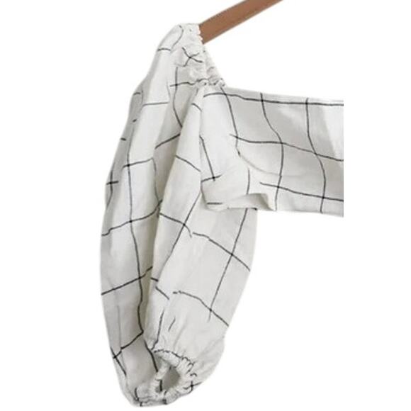 NWT Rumer Quinn Plaid 3/4 Puff Sleeves Linen Crop Top Back Clasp Closure M Ivory - Picture 4 of 15